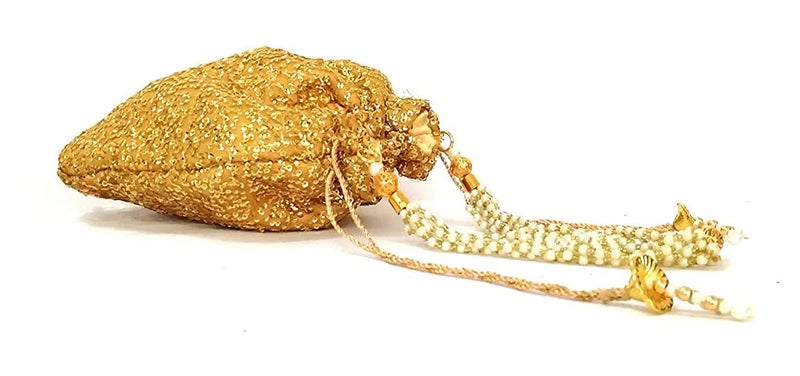 DUCHESS Women's Polti Bag with Pearl Handle and Tassel - Bridal Ethnic Traditional Casual Purse/Clutch/Handbag (20 L X 2 W X 23 H Cm, Golden) - Image 2