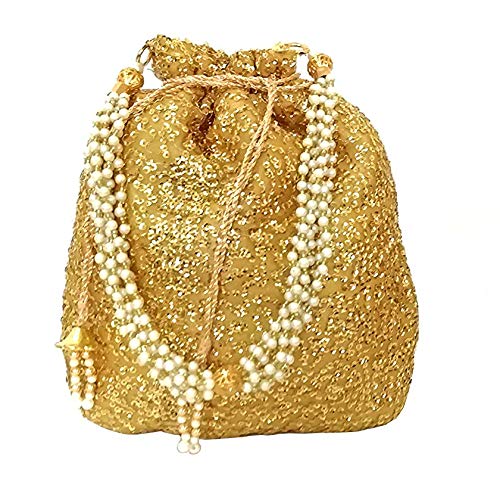 DUCHESS Women's Polti Bag with Pearl Handle and Tassel - Bridal Ethnic Traditional Casual Purse/Clutch/Handbag (20 L X 2 W X 23 H Cm, Golden) - Image 4