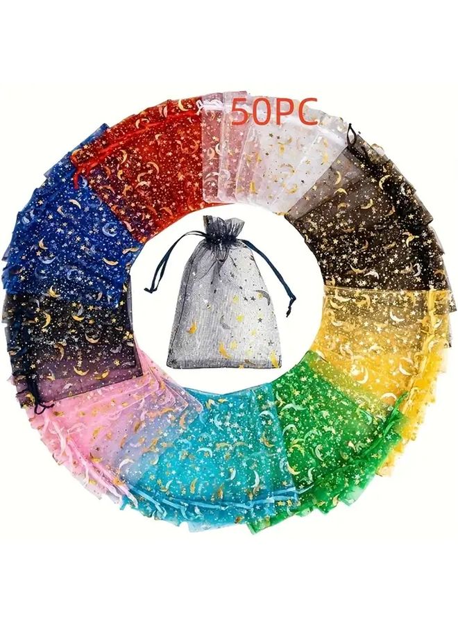 Rose Red Drawstring Gift Bags Starry Night Design Glitter Stars Reusable Party Favors Packaging 7x9 50 Pack - Image 1