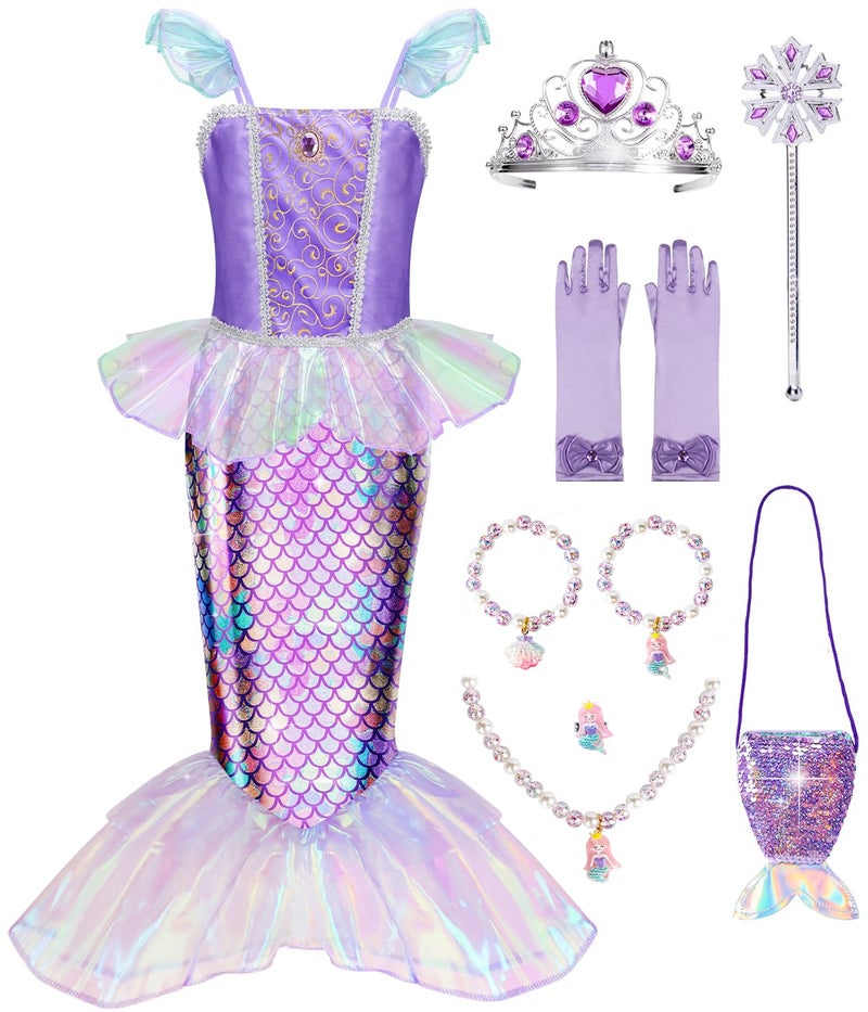 Meland Mermaid Dress - Little Mermaid Costume with Bag for Girls 3-10, Princess Dress Up Clothes for Birthday Gift, Halloween Costume for Toddler Kids 3,4,5,6,7,8,9,10 Years Old - Image 1