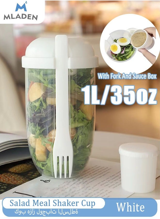 MLADEN 1L/35oz Portable Salad Cup Salad Meal Shaker Cup with Fork And Sauce Box Yogurt Cup Breakfast Cup Food Storage Bento Box School Lunch Box DIY Oatmeal Cereal Nut Yogurt Seal Container Set(White)  - Image 1