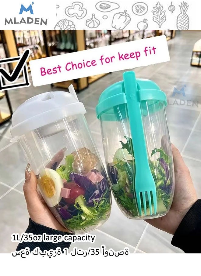 MLADEN 1L/35oz Portable Salad Cup Salad Meal Shaker Cup with Fork And Sauce Box Yogurt Cup Breakfast Cup Food Storage Bento Box School Lunch Box DIY Oatmeal Cereal Nut Yogurt Seal Container Set(White)  - Image 5