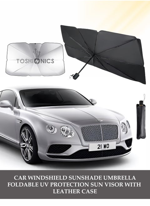 Car Windshield Sun Shade Umbrella Foldable UV Protection Sun Visor Heat Insulation Reflector Durable and Lightweight Sunshade with Leather Case/Pouch Foldable Windshield Co Easy to Use Full Cover Sun Protection for Windshield Compatible with most Vehicles Sedans SUVs Trucks and Vans