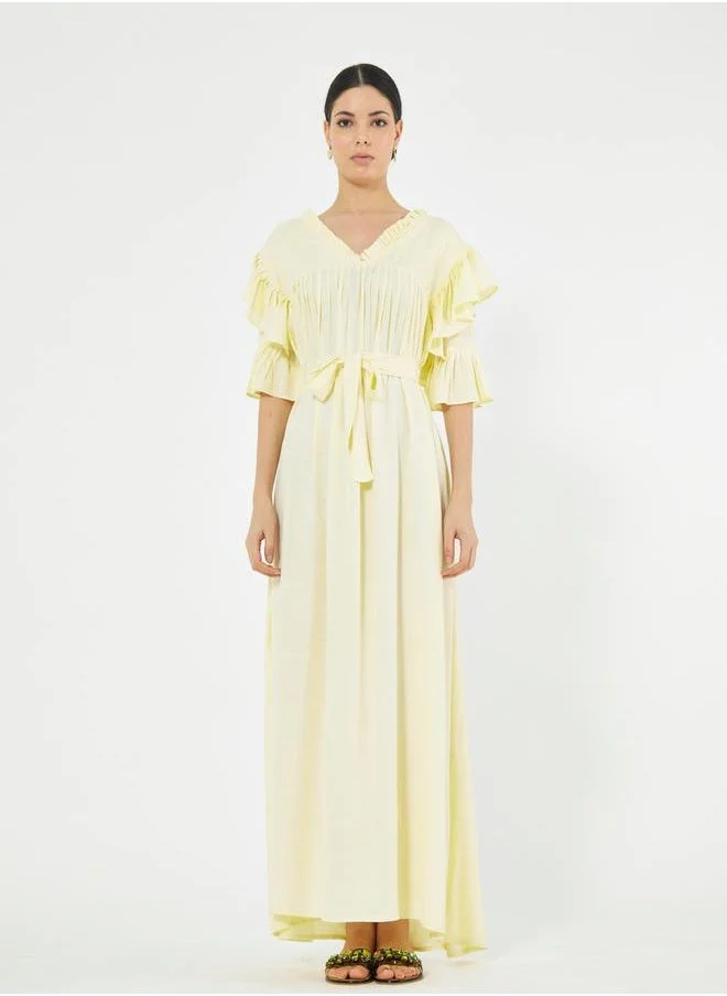 هاوس اوف مودا Pleated Collar Detail Maxi Dress with Self-Tie Waist by Styli