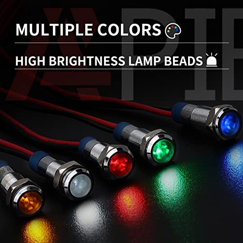 APIELE Indicator Light 6mm 14 Waterproof IP65 Metal Signal Lamp 12V24V ACDC LED Pilot Dash Lamp Red Green Blue Yellow White 5 PCS with 150mm Wire for Car Truck Boat Multicolored - Image 3