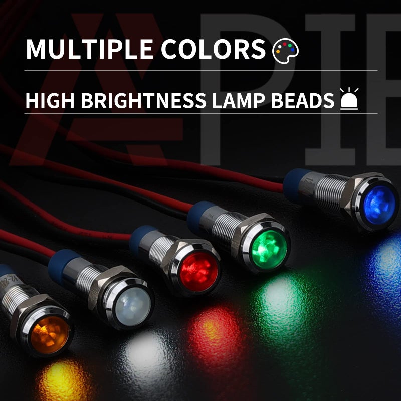 APIELE Indicator Light 6mm 14 Waterproof IP65 Metal Signal Lamp 12V24V ACDC LED Pilot Dash Lamp Red Green Blue Yellow White 5 PCS with 150mm Wire for Car Truck Boat Multicolored - Image 4