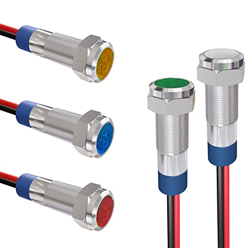APIELE Indicator Light 6mm 14 Waterproof IP65 Metal Signal Lamp 12V24V ACDC LED Pilot Dash Lamp Red Green Blue Yellow White 5 PCS with 150mm Wire for Car Truck Boat Multicolored - Image 1