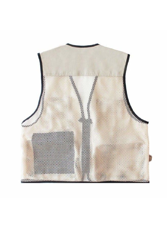 Rizanee Foldable Outdoor Fishing Camping Travel Mesh Vest, Multi-Pockets Photography Lightweight Vests Small Beige - Image 4