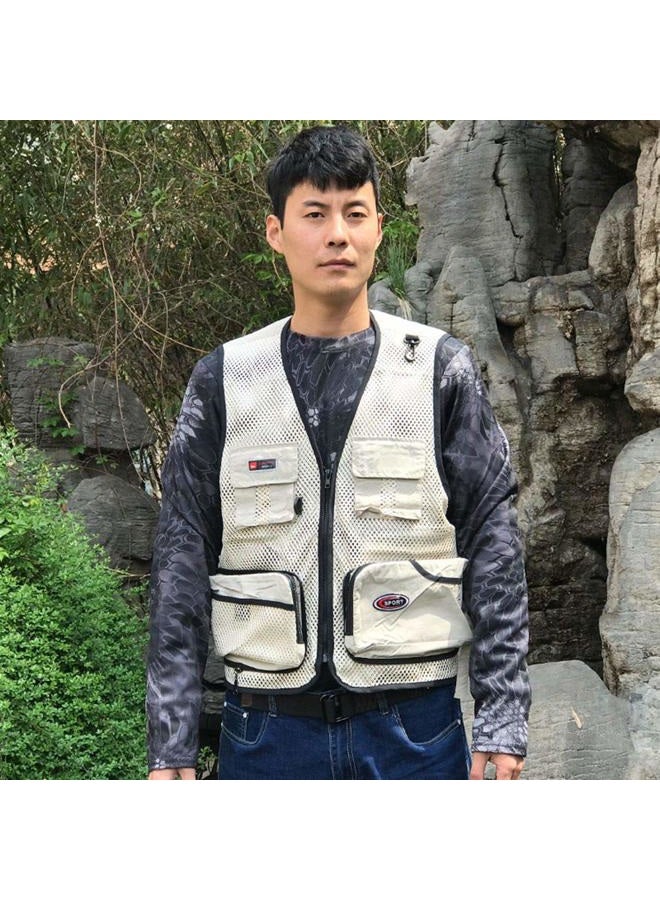 Rizanee Foldable Outdoor Fishing Camping Travel Mesh Vest, Multi-Pockets Photography Lightweight Vests Small Beige - Image 2
