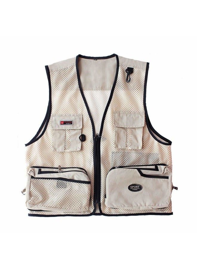 Rizanee Foldable Outdoor Fishing Camping Travel Mesh Vest, Multi-Pockets Photography Lightweight Vests Small Beige - Image 1
