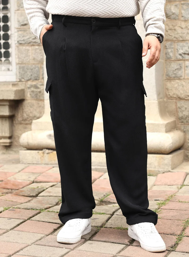 Instafab Plus Instafab Plus Men Cargo Tailored Trousers | Mid-Rise , Side-Elasticated Stretch | Button Closure , Cuffed Hem | Solid Crushed | Woven Fabric For Street & Casual Wear | Onyx Black