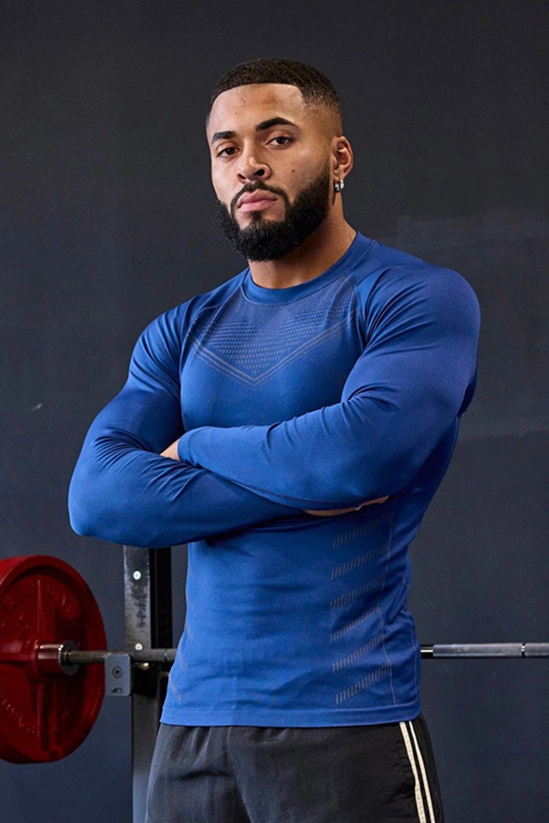 2024 Spring and Autumn New Mens Sports Long-sleeved T-shirt Muscle Fitness Running Training Elastic Top Base Shirt Light board sapphire blue