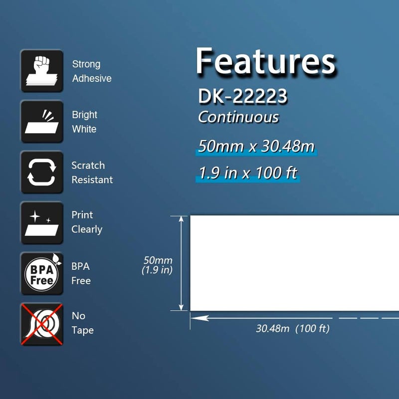 BETCKEY ملصقات مستمرة متوافقة بديلة لطابعة Brother DK-2223 (1.9 بوصة × 100 قدم)، استخدم مع طابعات ملصقات Brother QL [6 لفات] - Image 2