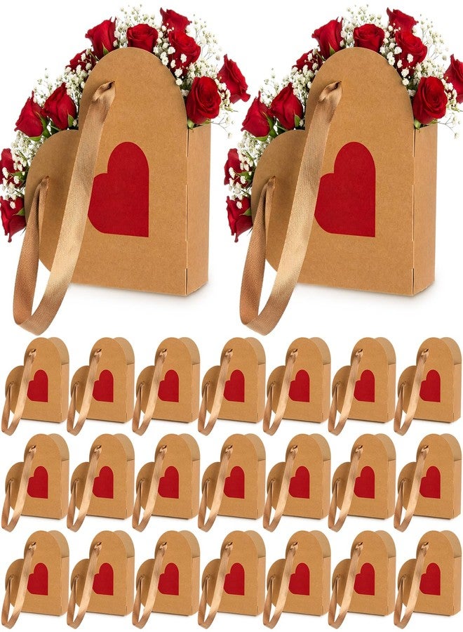 Glenmal 24 Pcs Valentine's Day Heart Shaped Flowers Boxes Kraft Paper Wrap Floral Gift Bag with Handles Bouquet Storage Bucket for Mother's Day, Wedding, Bridal Shower, Engagement Parties - Image 1