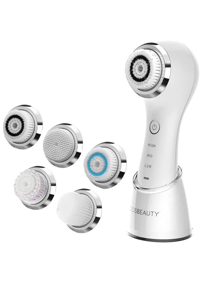 COSBEAUTY Face Scrubber Exfoliator Sonic Facial Cleansing Brush with 5 Interchangeable Brush Head,Face Brush Cleanser for Men IPX7 Waterproof,Wireless Rechargeable for Massaging,Deep Cleansing(White) - Image 1