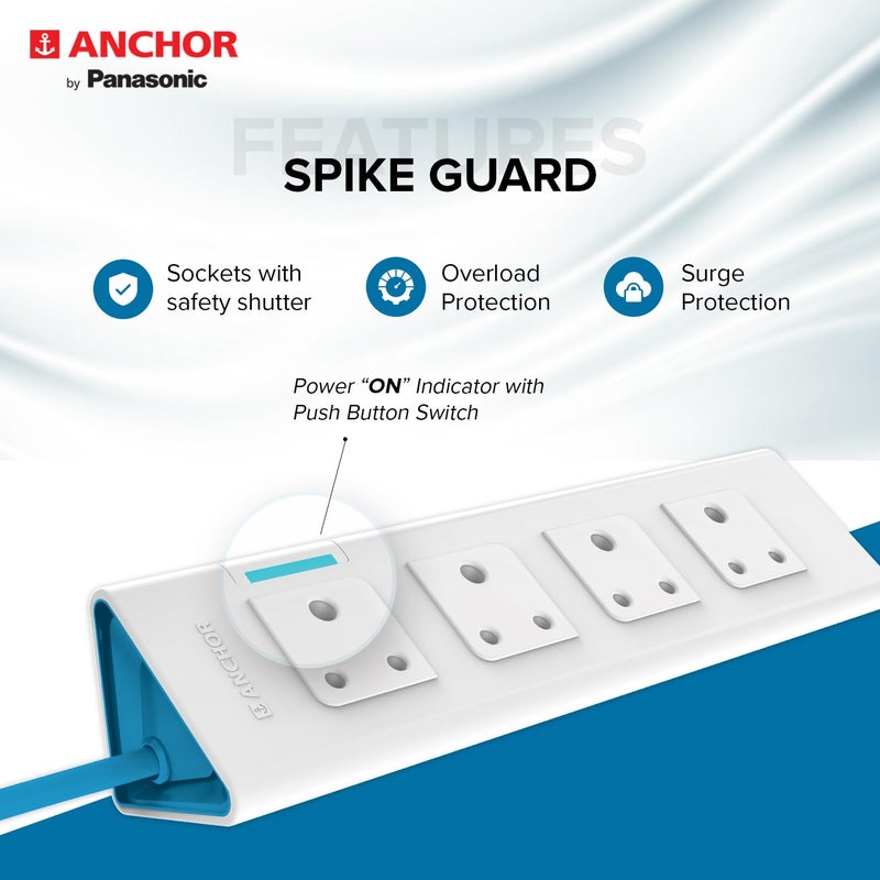 Anchor by panasonic 22061 6A Power Strip 4 Socket Spike Guard with Single Switch (1.5 m, White and Blue) - Image 3