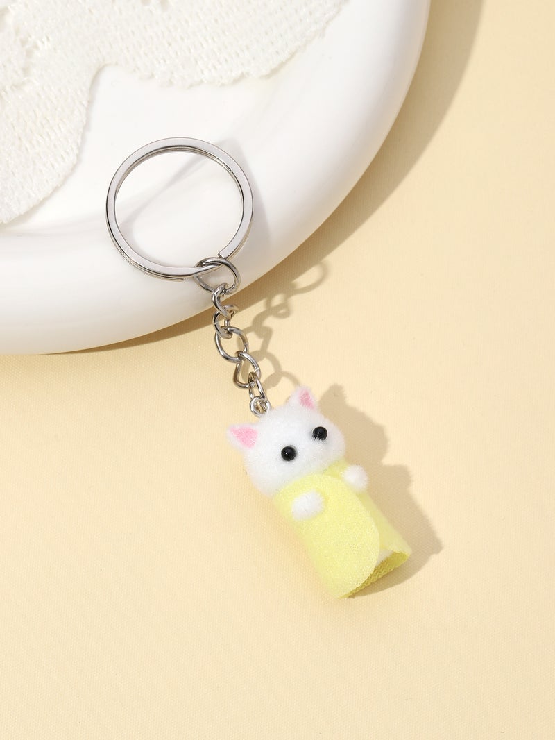 Cute Resin Flocked Cat Keychain Colorful Clothing Charm white yellow