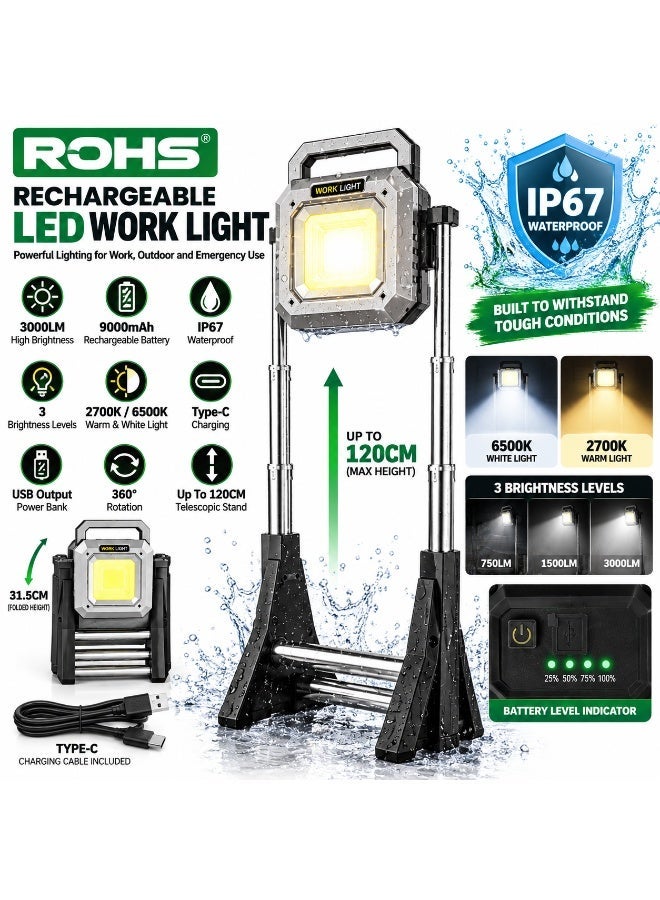 روهز كشاف ROHS LED ضد الماء IP67 بقوة 3000 لومن وبطارية 9000mAh قابل لإعادة الشحن مع قاعدة تلسكوبية 120 سم ودوران 360 درجة - Image 2