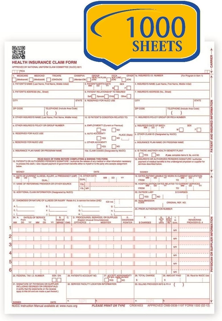Compuchecks CMS-1500 Claim Forms – Current HCFA 02/2012 Version Health Insurance Claim Forms for Medical Facilities and Hospitals, Compatible w/Laser and Inkjet Printers - 8.5'' x 11 (1000 Sheets) - Image 1