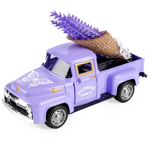 CRAFLOX Lavender Truck Decor with Flowers, Purple Floral Pickup Truck with Butterfly, Rustic Farmhouse Tabletop Centerpiece, Spring Country Home Office Kitchen Tiered Tray Decor - Image 1