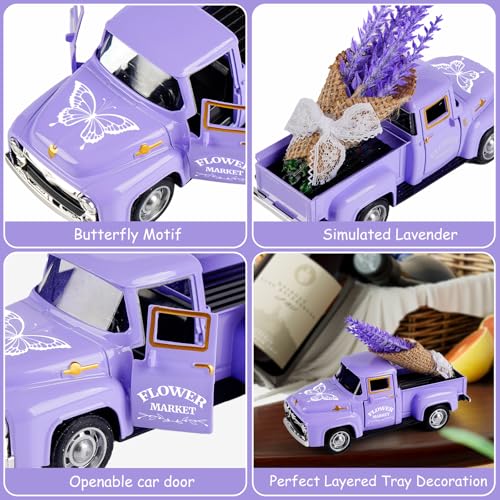 CRAFLOX Lavender Truck Decor with Flowers, Purple Floral Pickup Truck with Butterfly, Rustic Farmhouse Tabletop Centerpiece, Spring Country Home Office Kitchen Tiered Tray Decor - Image 4