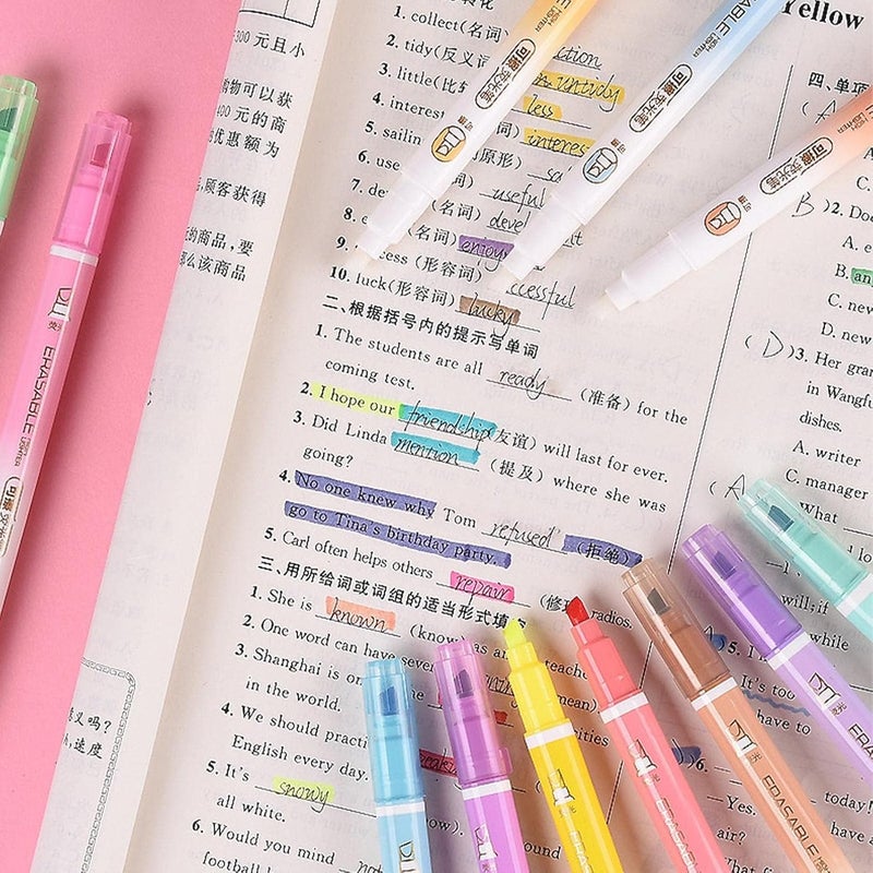 كاست ويف أقلام تمييز قابلة للمسح برأس مشطوف، 12 لونًا من أقلام التمييز الناعمة للكتابة برأسين، أقلام تحديد عالية الجودة برأس مشطوف، أقلام تمييز سائلة لا تلطخ ولا تتسرب، للكتابة والرسم - Image 3