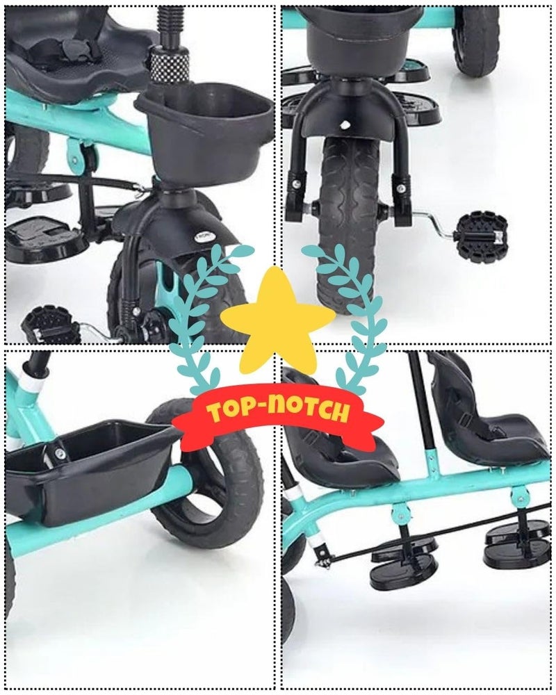 JoyRide Twin Trekkers Kids Tricycle with Parental Adjust Push Handle Children Seat Belt Dual Steering 2 footrest 2 Big seat Kids trikes Ride on Cycle Outdoor Toddler Bicycle for Boys & Girls (Blue) - Image 4