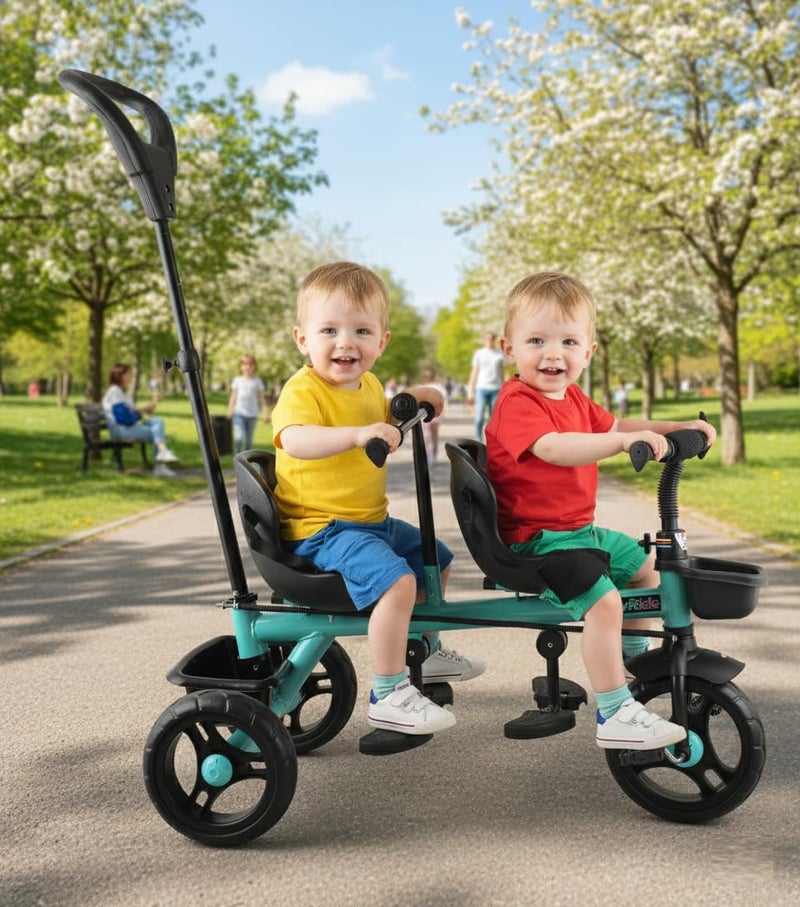 JoyRide Twin Trekkers Kids Tricycle with Parental Adjust Push Handle Children Seat Belt Dual Steering 2 footrest 2 Big seat Kids trikes Ride on Cycle Outdoor Toddler Bicycle for Boys & Girls (Blue) - Image 5