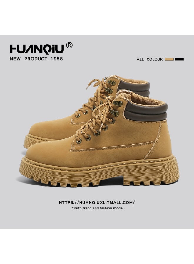 HUANQIU 1958 Classic Yellow Work Boots for Men Women, Retro Platform Ankle Boots with Lace-up & Zipper, Fashionable Durable Outdoor Casual Boots - Image 3