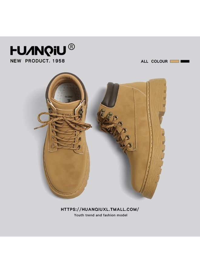 HUANQIU 1958 Classic Yellow Work Boots for Men Women, Retro Platform Ankle Boots with Lace-up & Zipper, Fashionable Durable Outdoor Casual Boots - Image 1