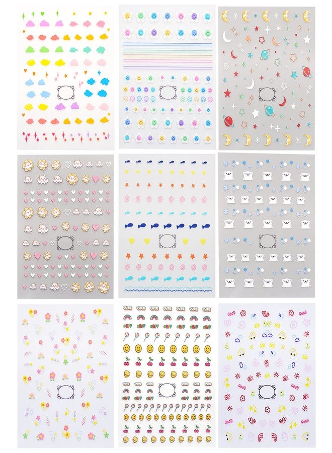 IHUKEIT Cute Nail Stickers for Kids Including Animals Flowers Cloud Star Heart and More Self Adhesive Fingernail Decal Stickers for Little Girls Women Nail Art Decoration Fun (Pack of 9) - Image 2