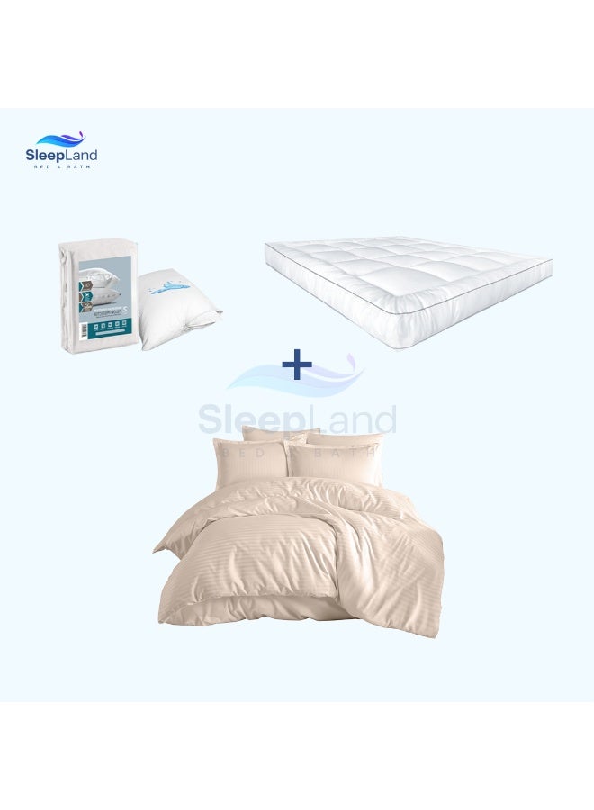 سليب لاند بكج ( لباد فندقي مقاس 200×120 سم ارتفاع 14 سم + طقم واقي مخدة + مفرش فندقي لون بيج مقاس 200×140سم ) - Image 1