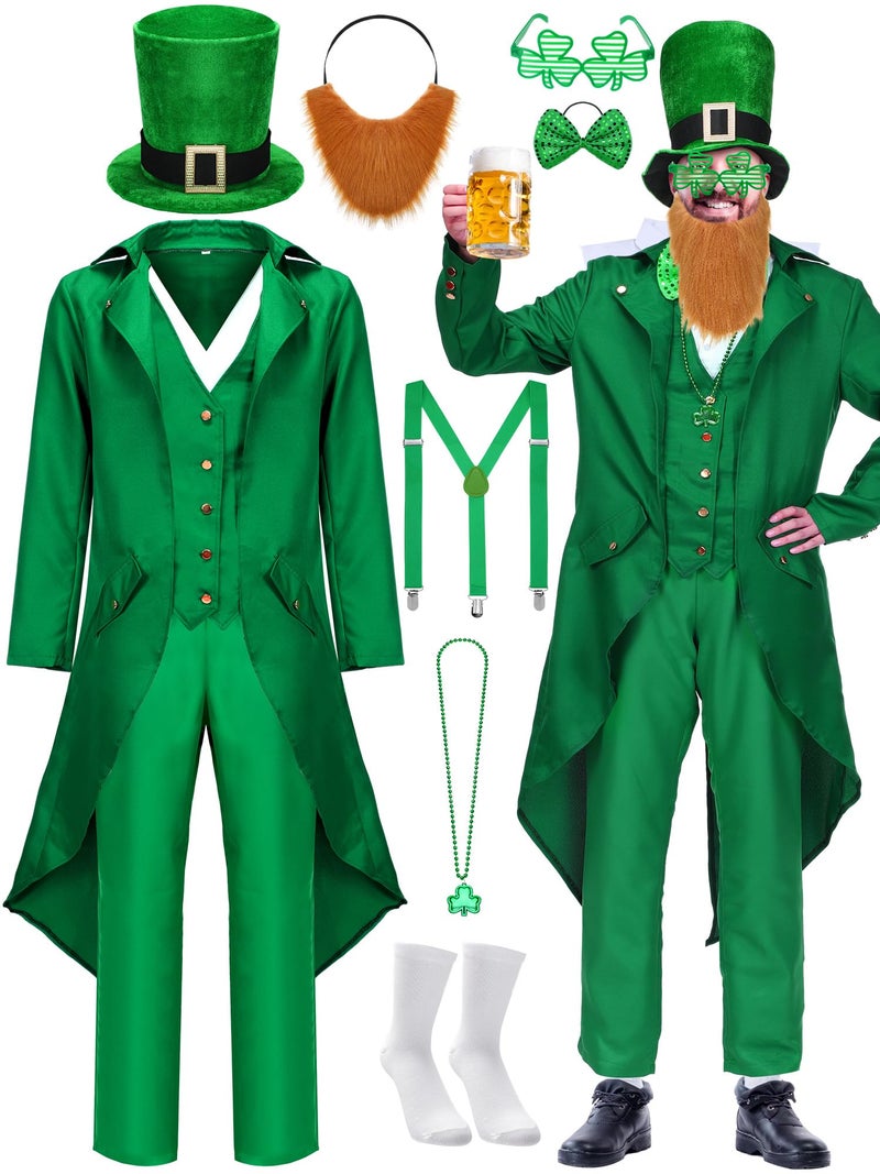 Cozypower 10 Pcs St. Patrick's Day Costume Green Leprechaun Men Costume with Irish Festival Accessories for Irish Cosplay (Medium) - Image 1