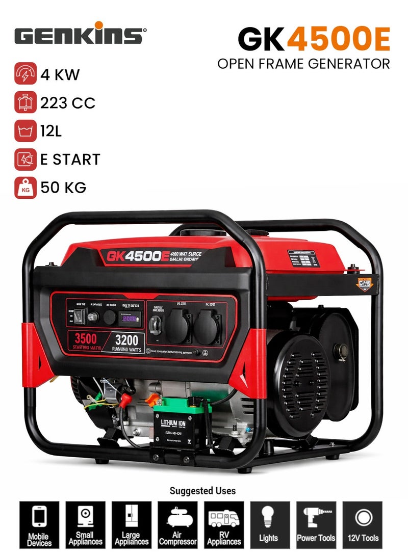 مولد جنكينز GK4500E 4.0kW بإطار مفتوح - بدء كهربائي للطاقة الاحتياطية للاستخدام المنزلي والفلل