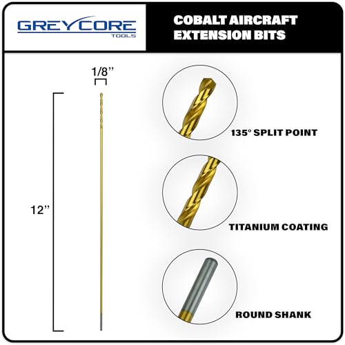 Greycore Tools 1/8 Inch x 12 Inch Cobalt Aircraft Extension Bit – M35 Cobalt Drill Bit, Industrial Titanium Coating – Drill Bits for Steel, Hard Metal, Cast Iron, Wood, Plastic (1/8" x 12") - Image 2