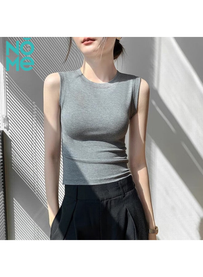 Nome Women's High Neck Sleeveless Vest New Slim Fit Korean Style Ribbed Vest Inner Wear Top Deep Gray XL - Image 1