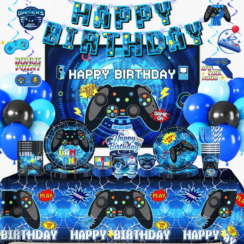 Yingoto 208pcs Video Game Birthday DecorationsServes 25 Allinone Gamer Birthday Party Decorations with 300gsm Plate Tablecloth Banner Centerpiece Cake Topper Hanging Swirl Etc - Image 2