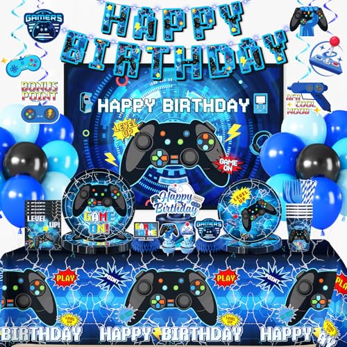 Yingoto 208pcs Video Game Birthday DecorationsServes 25 Allinone Gamer Birthday Party Decorations with 300gsm Plate Tablecloth Banner Centerpiece Cake Topper Hanging Swirl Etc - Image 1