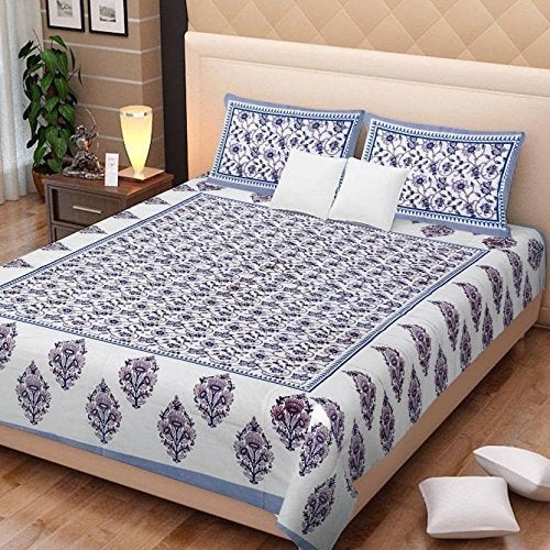 ART WORLD King Size Double Bed Sheet with Pillow Covers Pure Cotton Rajasthani Jaipuri Traditional Printed Bedcover (Grey, King) - Image 1