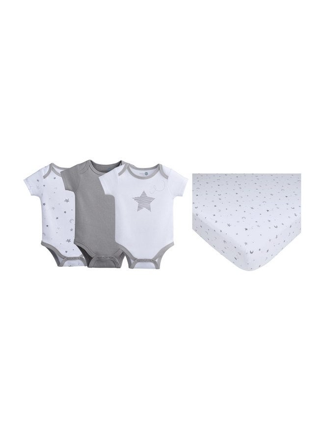 American Baby Company American Baby Unisex 3-Pack 100% Cotton Short Sleeve Newborn Bodysuit & Fitted Cotton Crib Sheet 28" x 52", Gray Stars and Moons - Image 1