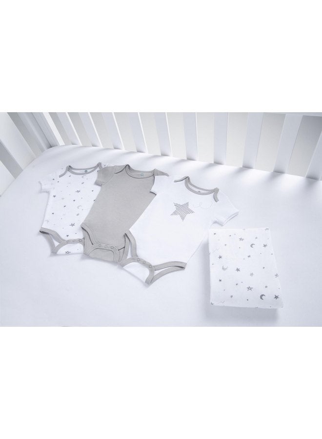 American Baby Company American Baby Unisex 3-Pack 100% Cotton Short Sleeve Newborn Bodysuit & Fitted Cotton Crib Sheet 28" x 52", Gray Stars and Moons - Image 2