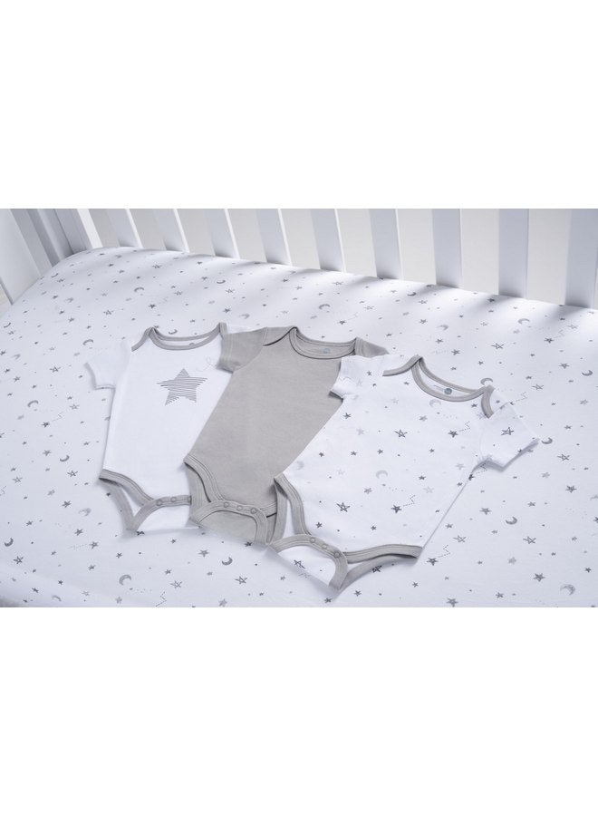American Baby Company American Baby Unisex 3-Pack 100% Cotton Short Sleeve Newborn Bodysuit & Fitted Cotton Crib Sheet 28" x 52", Gray Stars and Moons - Image 3