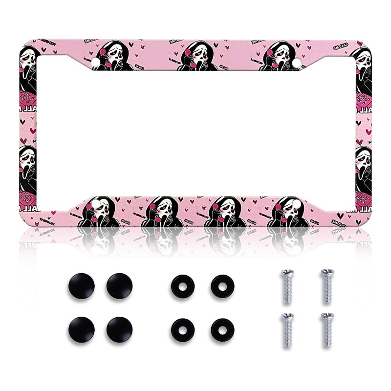 LIN KANG Ghost Skull Face License Plate Frames Pink Scream Aluminum Metal License Plate Holder Covers RustProof Waterproof Car Decorative Tag Frames for Standard US 12x6 Inch - Image 3