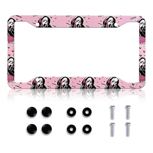 LIN KANG Ghost Skull Face License Plate Frames Pink Scream Aluminum Metal License Plate Holder Covers RustProof Waterproof Car Decorative Tag Frames for Standard US 12x6 Inch - Image 1