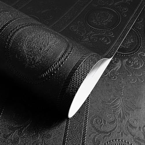 JiffDiff Wallpaper Peel and Stick Textured, 3D Black Embossed Wall Paper Stick on Wallpaper Modern Waterproof Self Adhesive Contact Paper(17.3" x 120") - Image 1