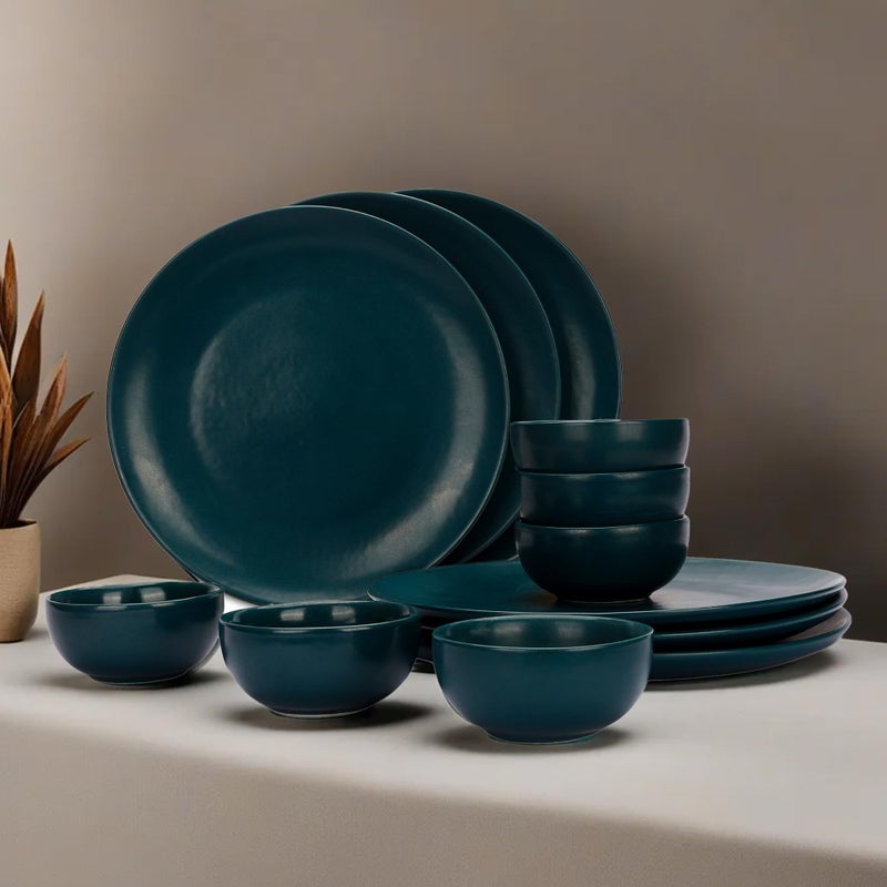 Kuber Industries Ceramic 12 Pcs Round Unbreakable Microwave & Dishwasher Safe Dinnerware Kitchen Crockery Set | Matte Finish Dinner Sets & Kitchen Set for Home | Deep Green-Set-2T - Image 1