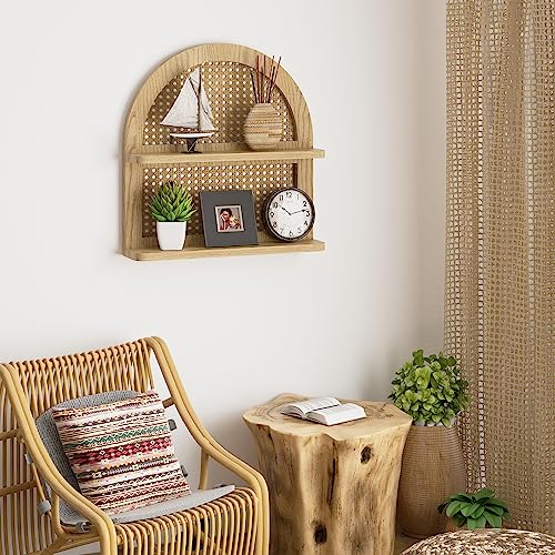 LUDORU Wood Boho Rattan Wall Shelf - 2-Tier Arched Wicker Floating Shelf Natural Wood New Boho Shelf, Rustic Farmhouse Nursery Decor Shelves Wall Mounted, Neutral Handcrafted (16''l Natural Color) - Image 5