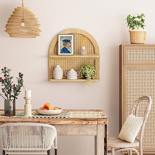 LUDORU Wood Boho Rattan Wall Shelf - 2-Tier Arched Wicker Floating Shelf Natural Wood New Boho Shelf, Rustic Farmhouse Nursery Decor Shelves Wall Mounted, Neutral Handcrafted (16''l Natural Color) - Image 3