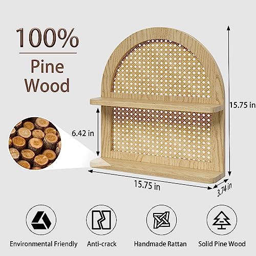 LUDORU Wood Boho Rattan Wall Shelf - 2-Tier Arched Wicker Floating Shelf Natural Wood New Boho Shelf, Rustic Farmhouse Nursery Decor Shelves Wall Mounted, Neutral Handcrafted (16''l Natural Color) - Image 2