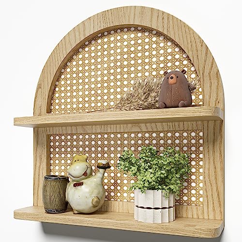 LUDORU Wood Boho Rattan Wall Shelf - 2-Tier Arched Wicker Floating Shelf Natural Wood New Boho Shelf, Rustic Farmhouse Nursery Decor Shelves Wall Mounted, Neutral Handcrafted (16''l Natural Color) - Image 1